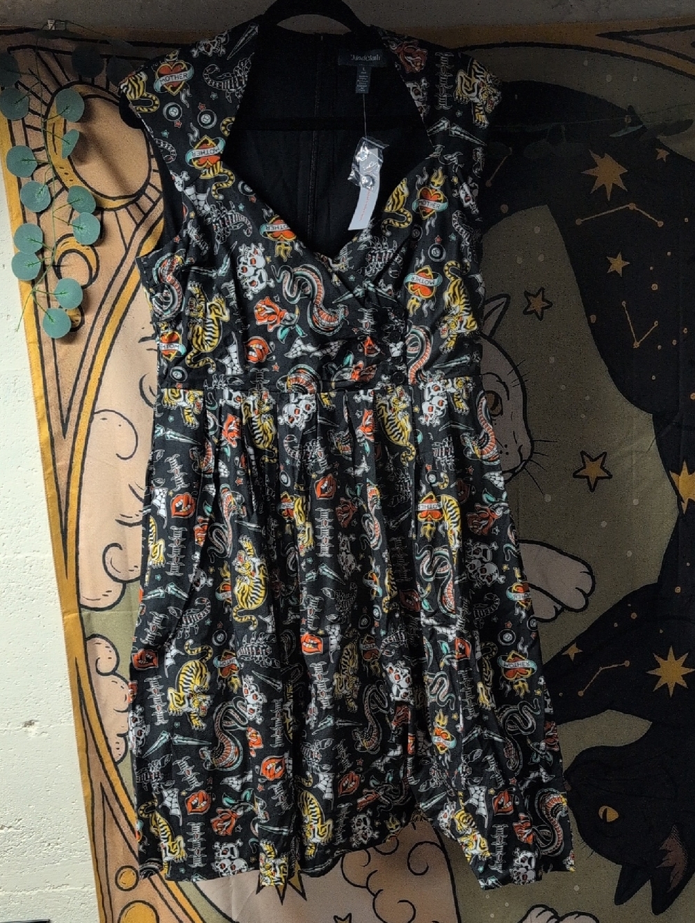 ModCloth Black Fit-and-Flare Dress with Colorful Tattoo Motifs